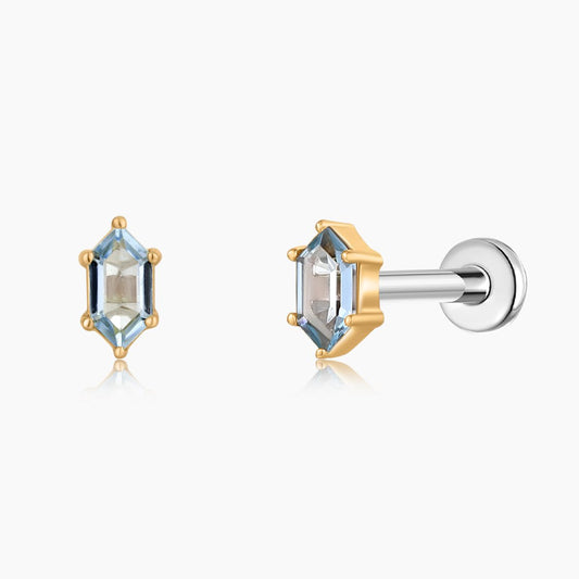14K Solid Yellow Gold Hexagon Blue Topaz Stud & Titanium Post
