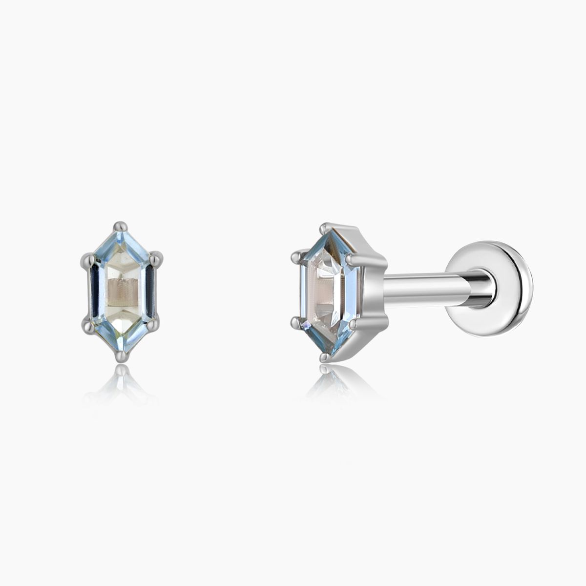 14K Solid White Gold Hexagon Blue Topaz Stud & Titanium Post