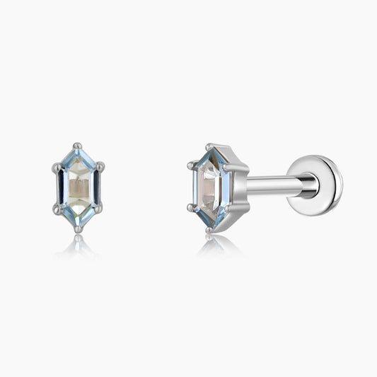 14K Solid White Gold Hexagon Blue Topaz Stud & Titanium Post