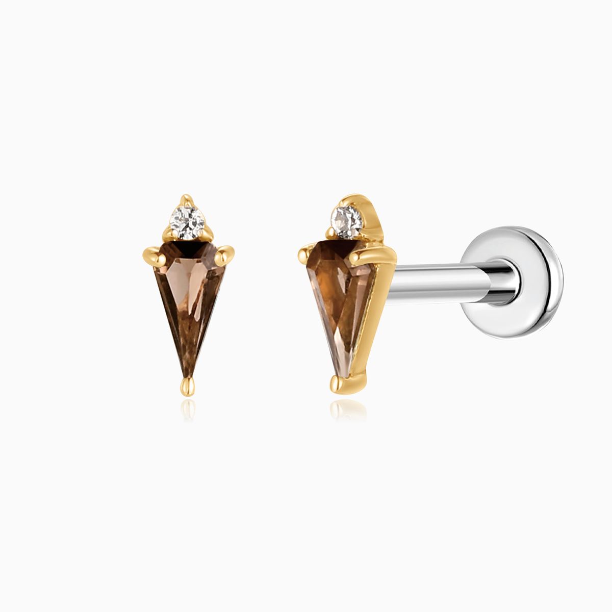 14K Solid Yellow Gold Smoky Quartz Flat Back Stud & Titanium Post