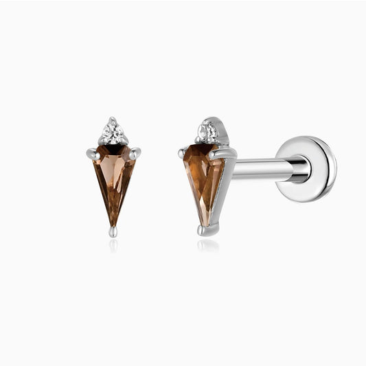 14K Solid White Gold Smoky Quartz Flat Back Stud & Titanium Post