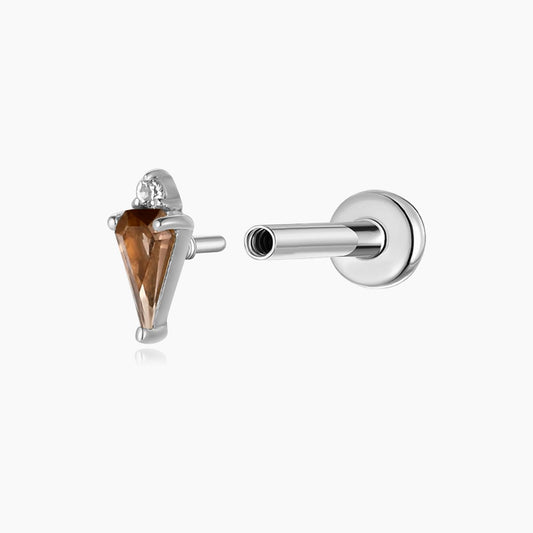 14K Solid White Gold Smoky Quartz Flat Back Stud & Titanium Post