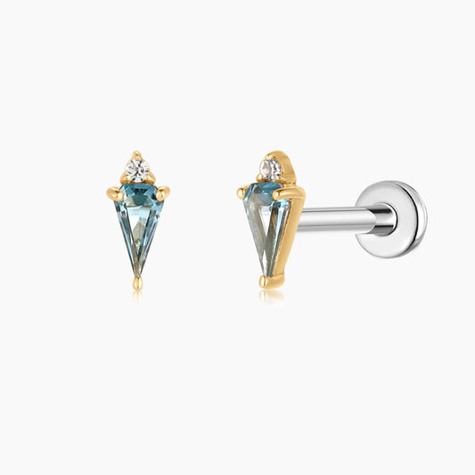 14K Solid Yellow Gold Blue Topaz Kite Flat Back Stud & Titanium Post
