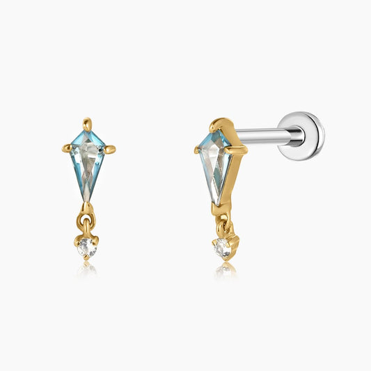 14K Solid Yellow Gold Blue Topaz Drop Flat Back Stud & Titanium Post