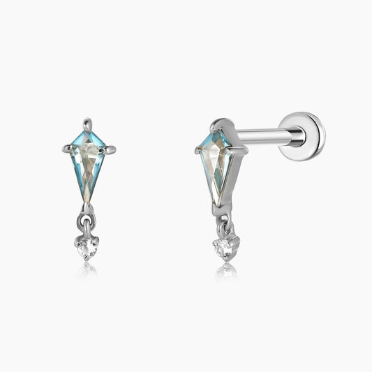 14K Solid White Gold Blue Topaz Drop Flat Back Stud & Titanium Post