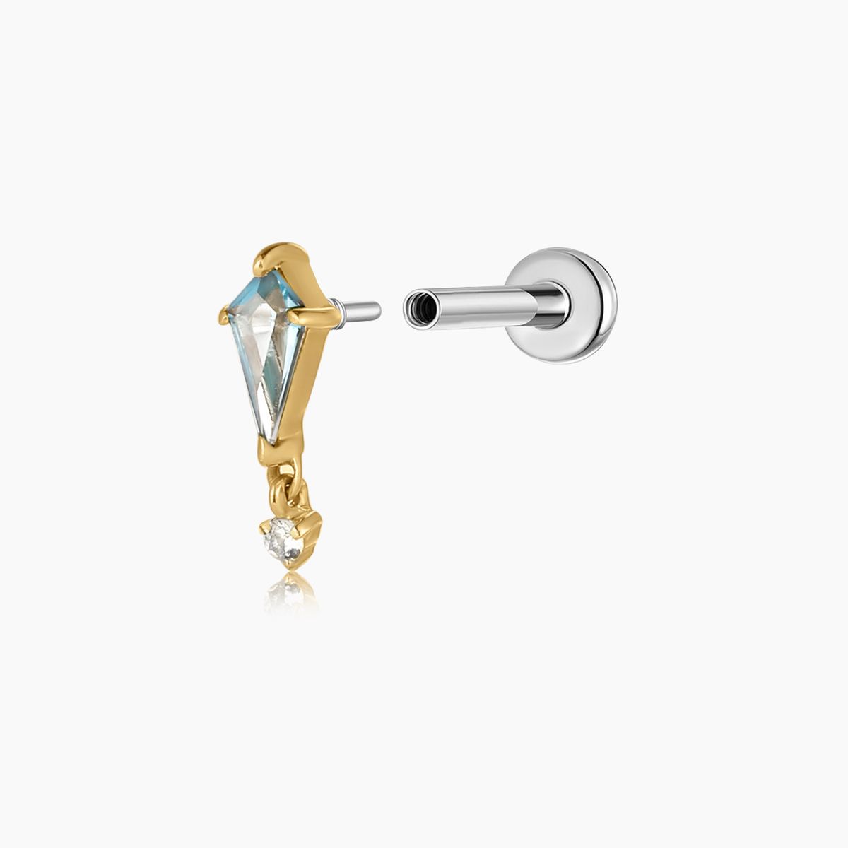 14K Solid Yellow Gold Blue Topaz Drop Flat Back Stud & Titanium Post