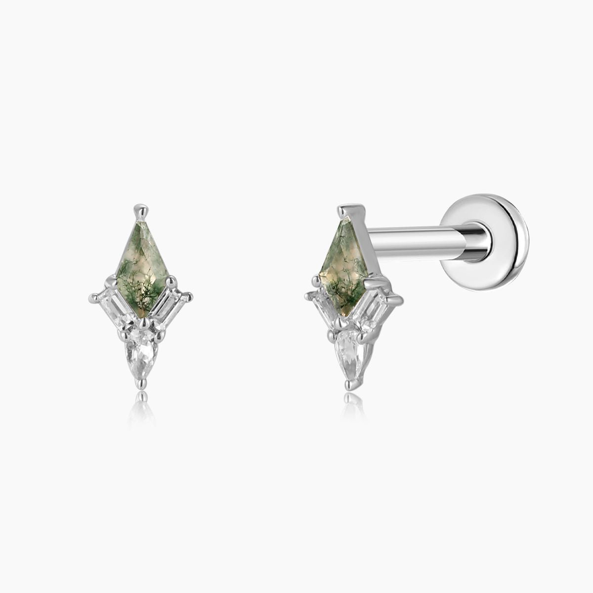 14K Solid White Gold Moss Agate Kite Flat Back Stud & Titanium Post