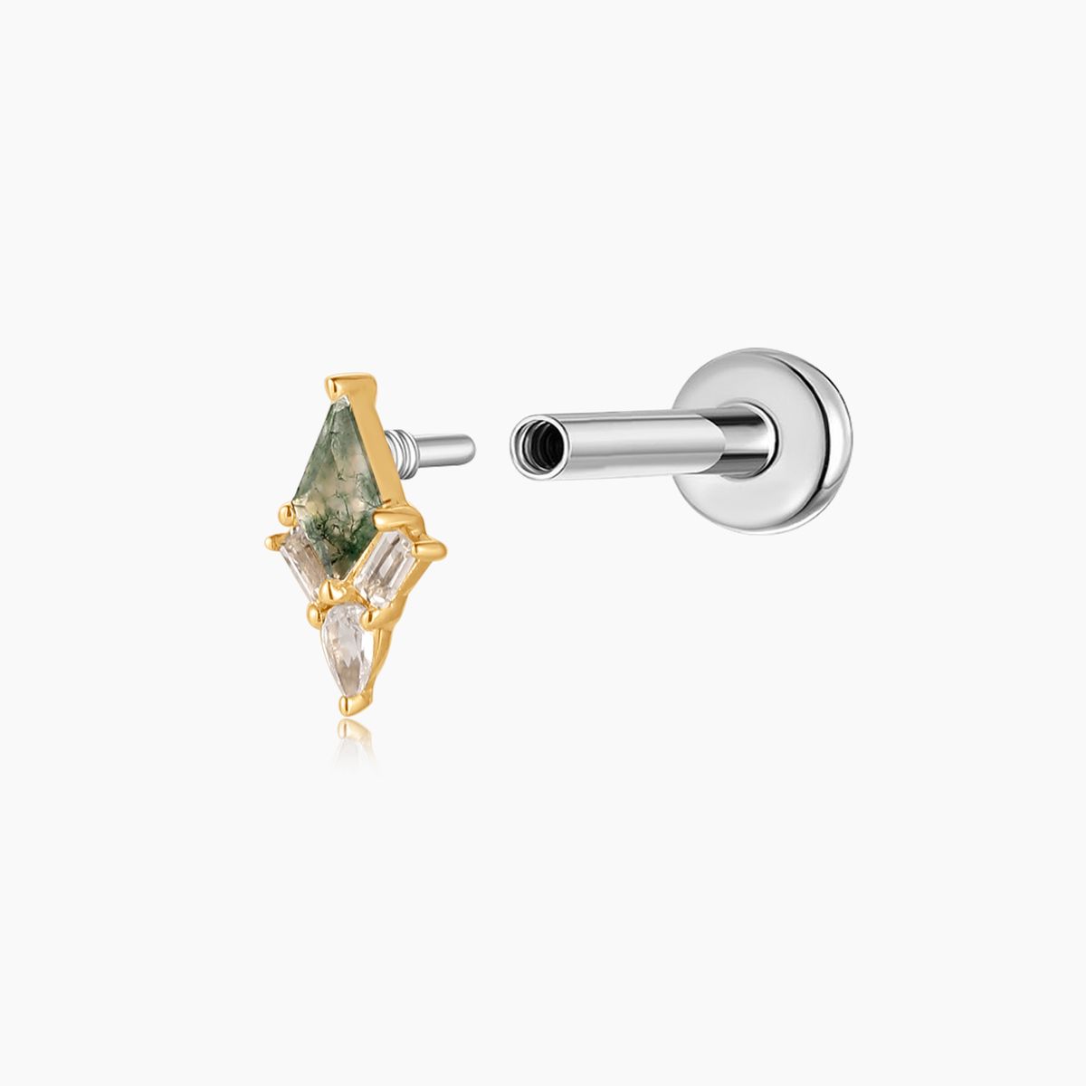 14K Solid Yellow Gold Moss Agate Kite Flat Back Stud & Titanium Post