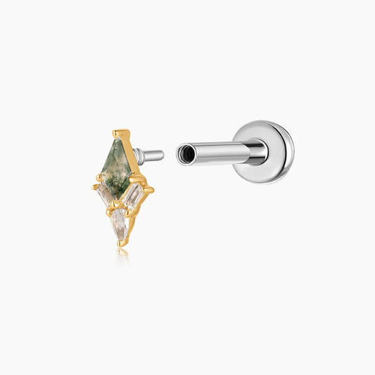 14K Solid Yellow Gold Moss Agate Kite Flat Back Stud & Titanium Post