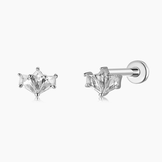 14K Solid White Gold White Topaz Fan Flat Back Stud & Titanium Post