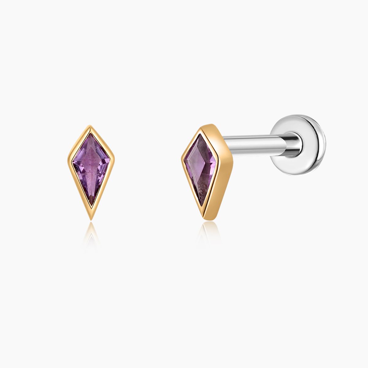 14K Solid Yellow Gold Kite-Cut Amethyst Flat Back Stud & Titanium Post