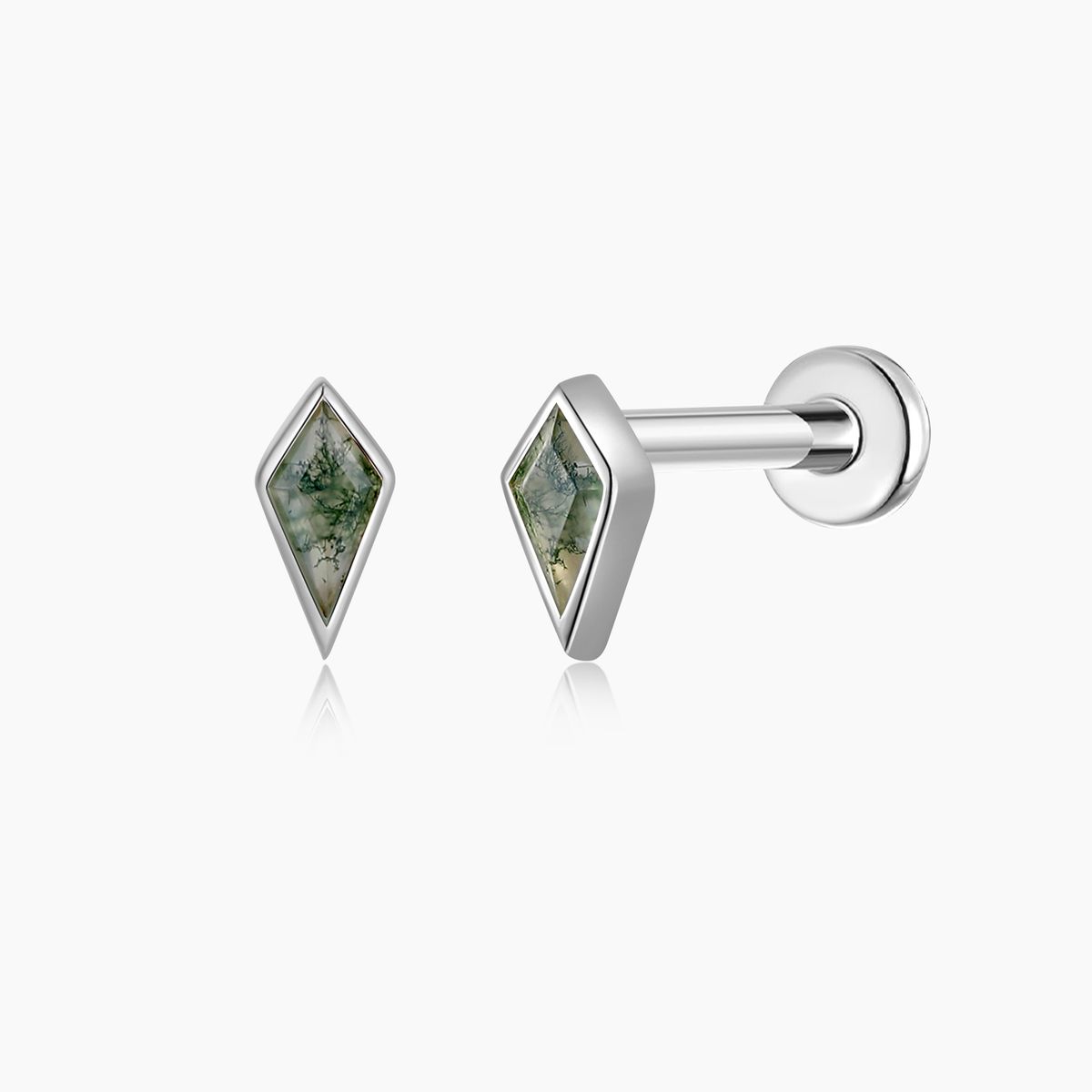 14K Solid White Gold Kite-Cut Moss Agate Flat Back Stud & Titanium Post