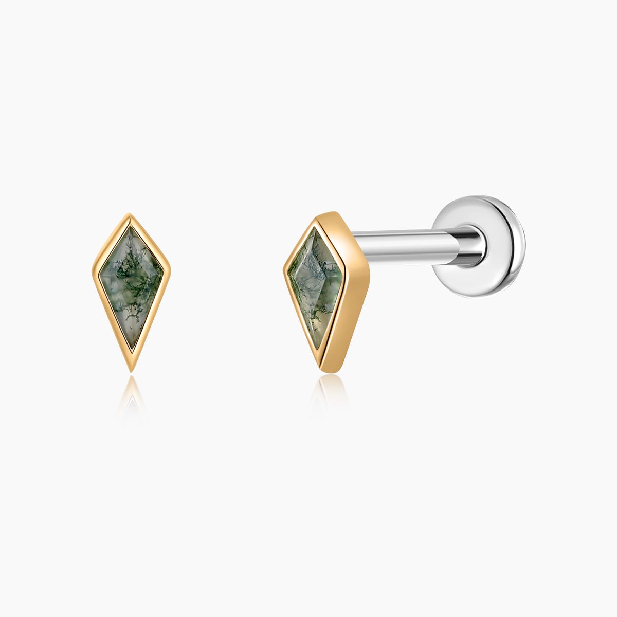 14K Solid Yellow Gold Kite-Cut Moss Agate Flat Back Stud & Titanium Post