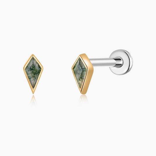 14K Solid Yellow Gold Kite-Cut Moss Agate Flat Back Stud & Titanium Post