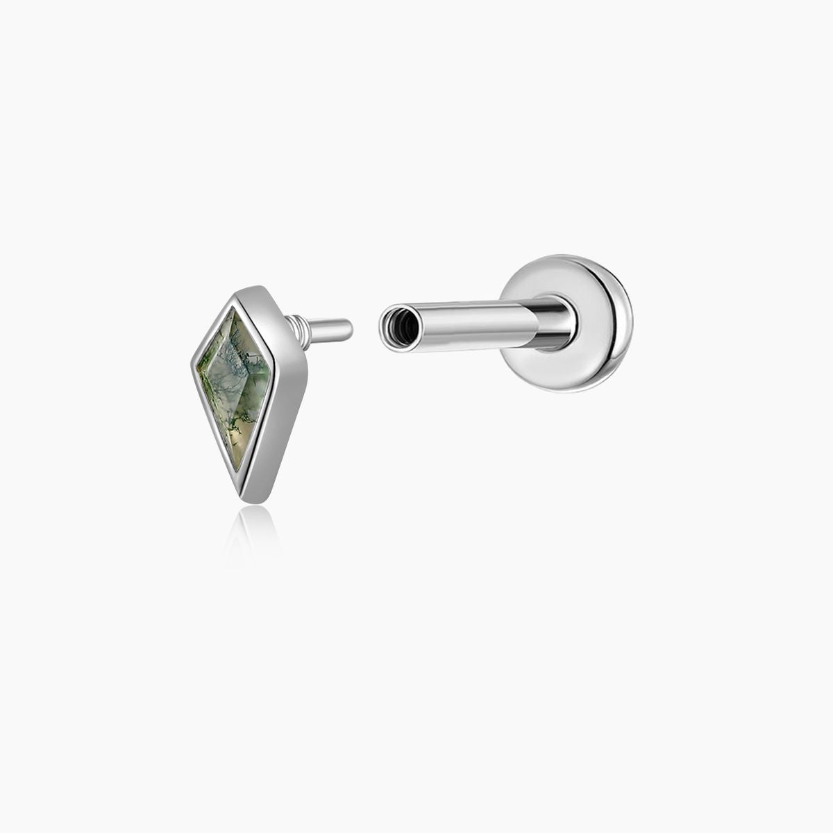 14K Solid White Gold Kite-Cut Moss Agate Flat Back Stud & Titanium Post