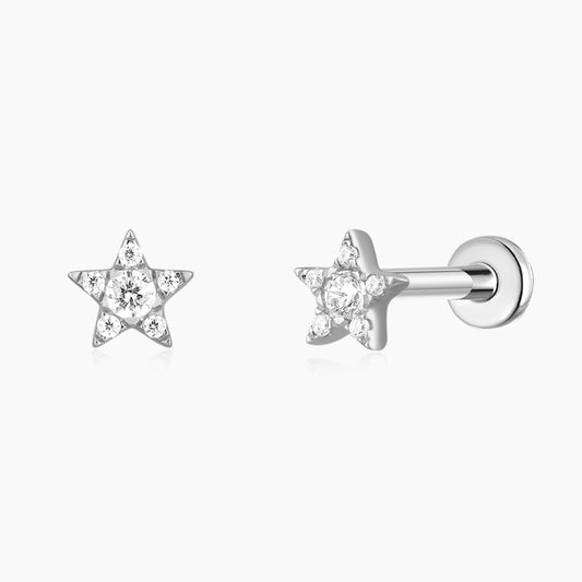 14K Solid White Gold Star Flat Back Stud & Titanium Post