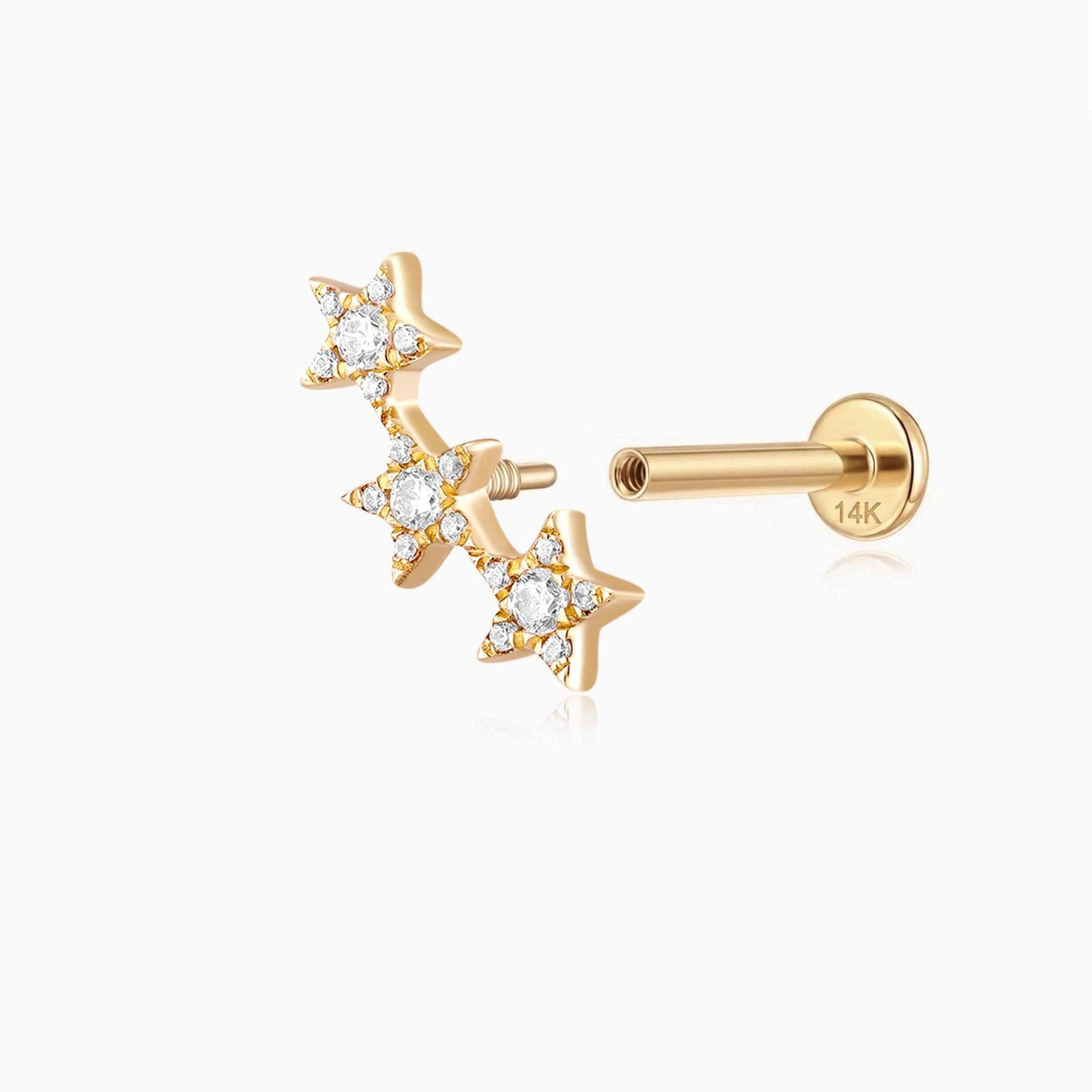 Aunyra- 14K Solid Yellow Gold Triple Star Flat Back Stud & Solid Gold Post