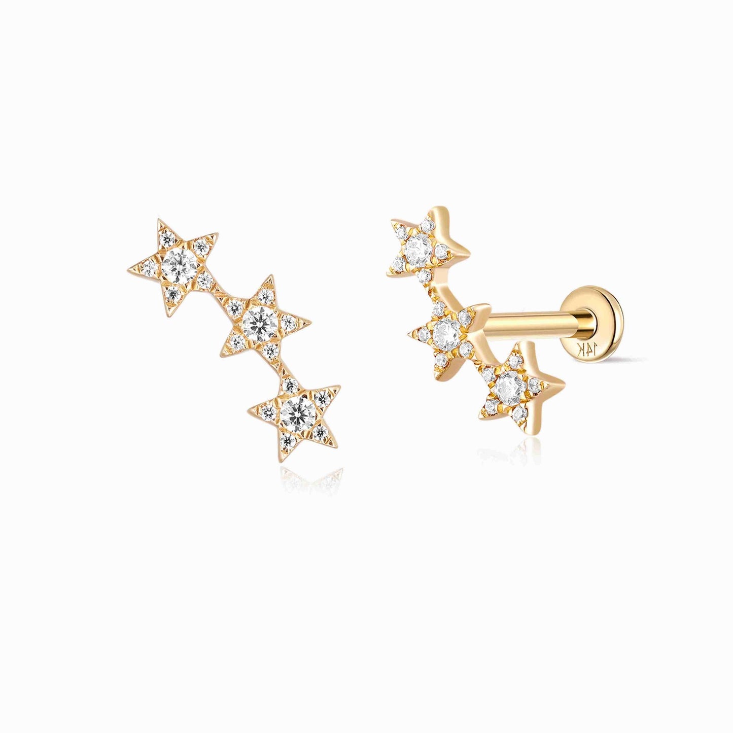 Aunyra- 14K Solid Yellow Gold Triple Star Flat Back Stud & Solid Gold Post