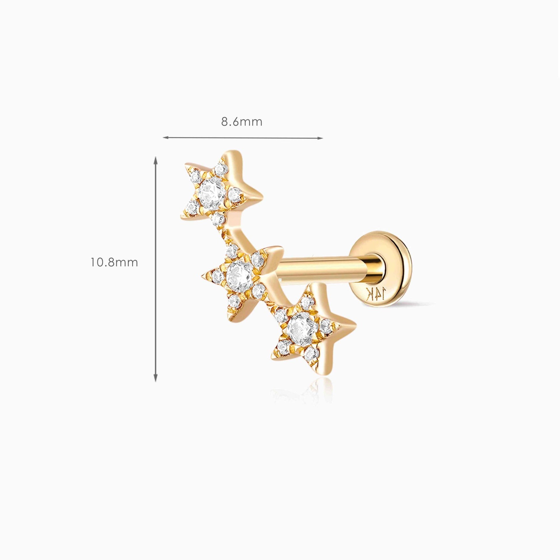 Aunyra- 14K Solid Yellow Gold Triple Star Flat Back Stud & Solid Gold Post