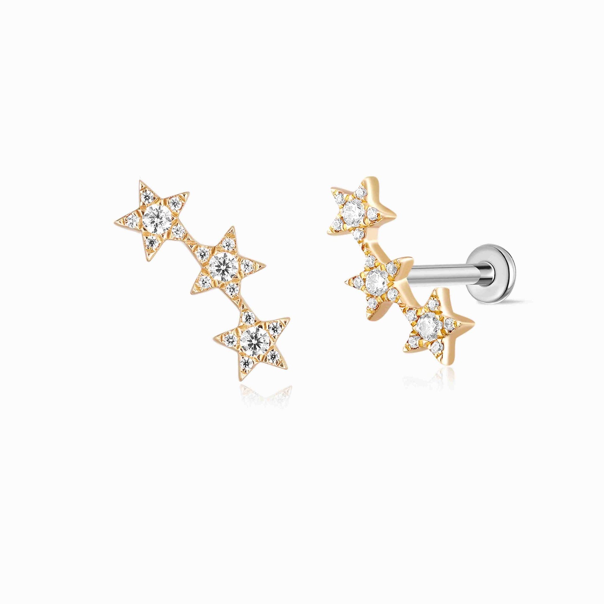 Aunyra- 14K Solid Yellow Gold Triple Star Flat Back Stud & Titanium Post