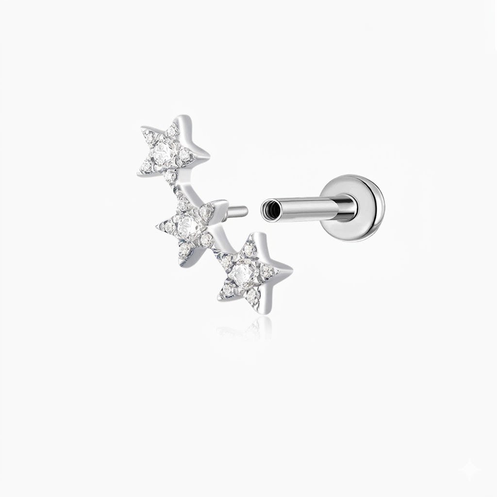 Aunyra- 14K Solid White Gold Triple Star Flat Back Stud & Titanium Post