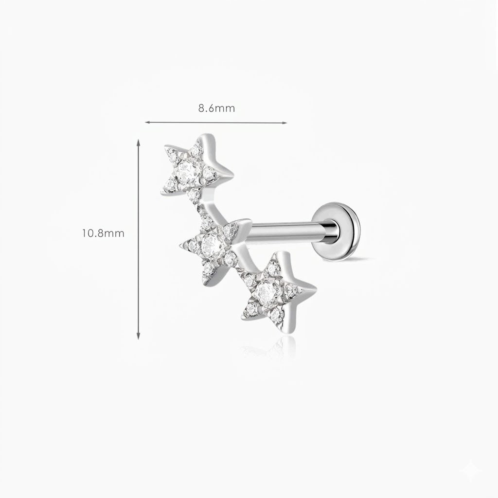 Aunyra- 14K Solid White Gold Triple Star Flat Back Stud & Titanium Post