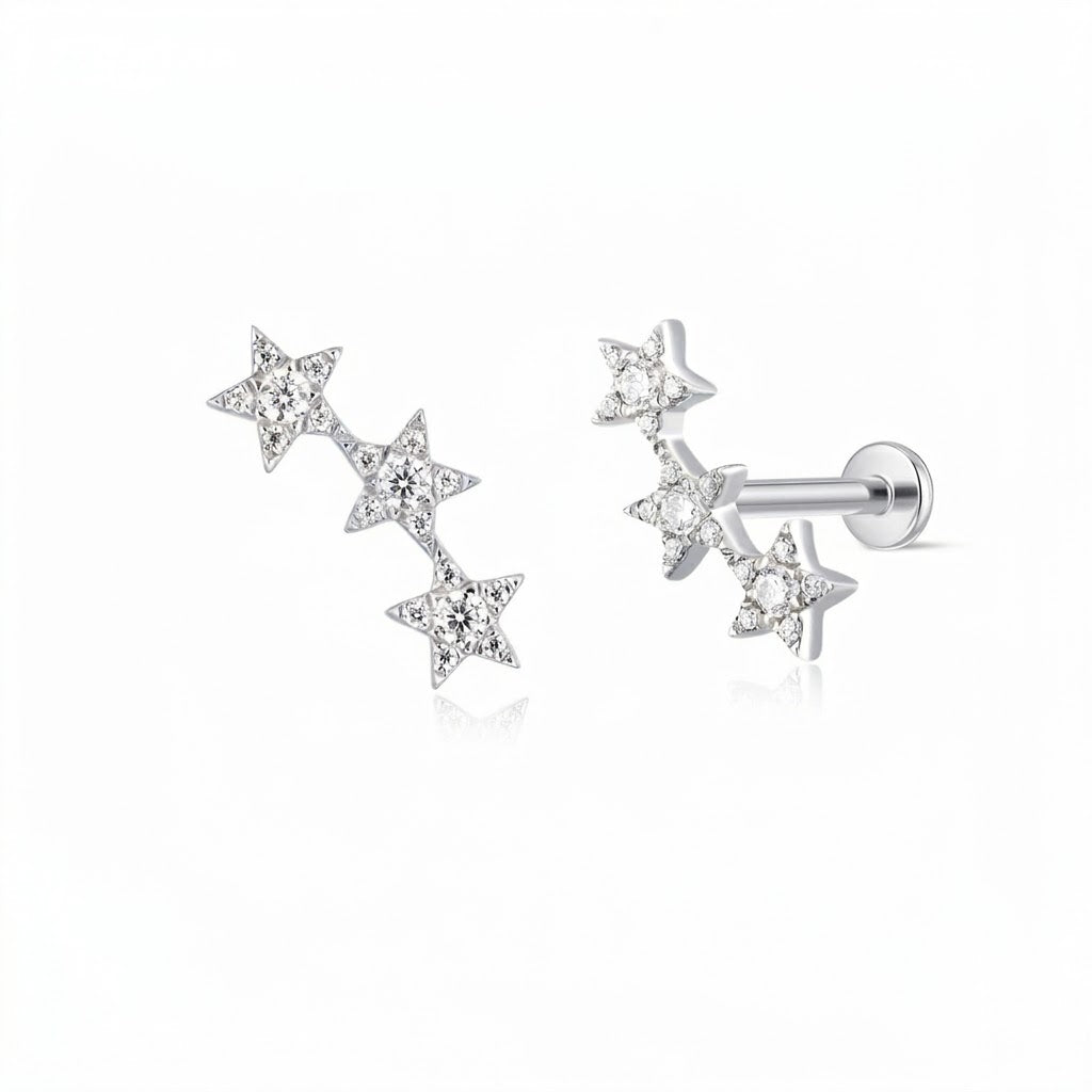 Aunyra- 14K Solid White Gold Triple Star Flat Back Stud & Titanium Post