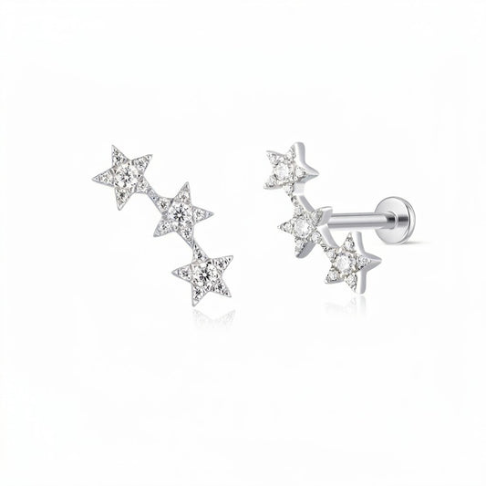 Aunyra- 14K Solid White Gold Triple Star Flat Back Stud & Titanium Post