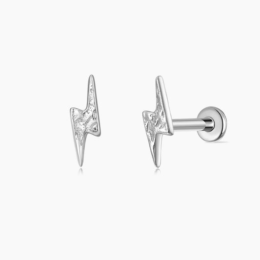 14K Solid White Gold Textured Lightning Flat Back Stud & Titanium Post