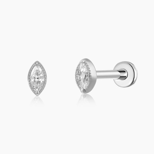 14K Solid White Gold Marquise Milgrain Rim Flat Back Stud & Titanium Post