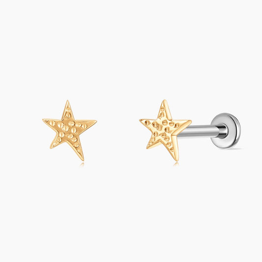 14K Solid Yellow Gold Textured Star Flat Back Stud & Titanium Post