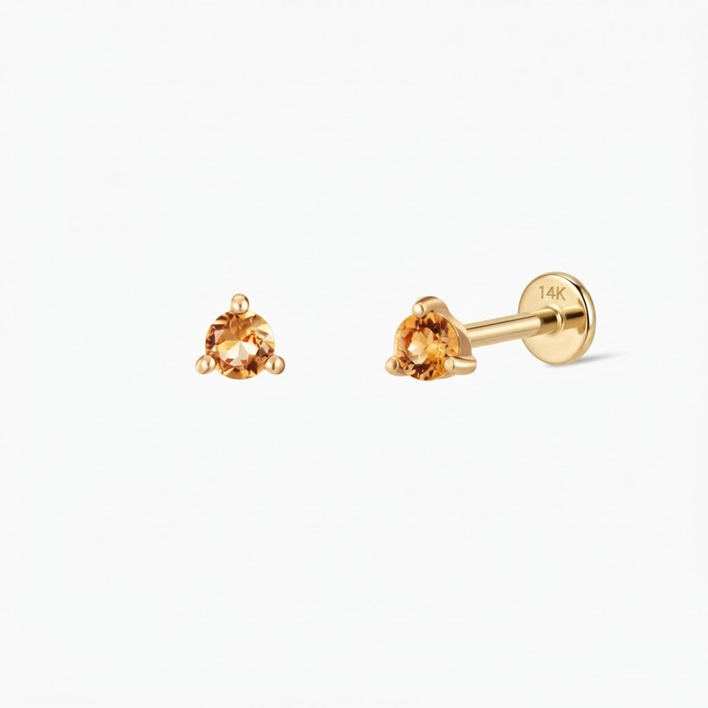 14K Yellow Gold November Citrine Flat Back Stud & Solid Gold Post