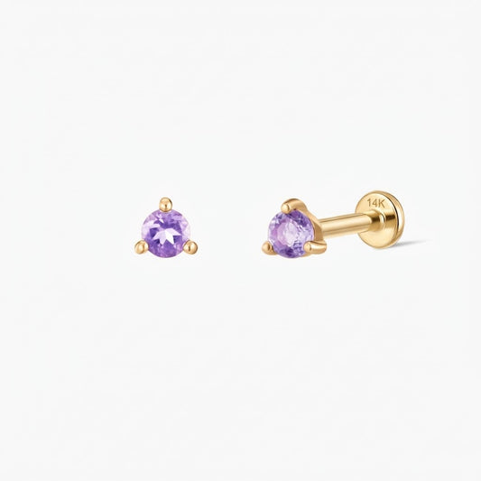14K Yellow Gold February Amethyst Flat Back Stud & Solid Gold Post