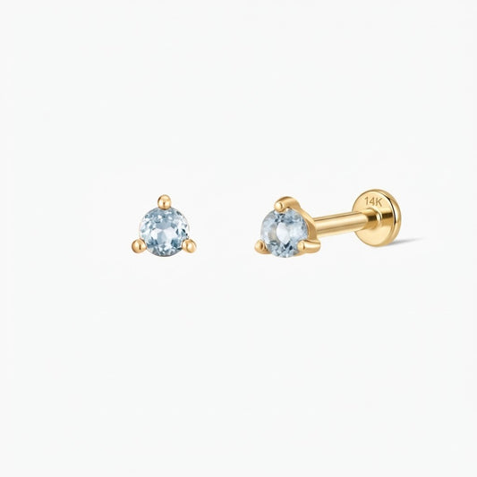 14K Yellow Gold March Aquamarine Flat Back Stud & Solid Gold Post