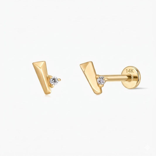 14K Solid Yellow Gold Geometric Bar Piercing Stud & Solid Gold Post