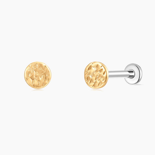 14K Solid Yellow Gold Hammered Minimal Textured Disc Stud & Titanium Post
