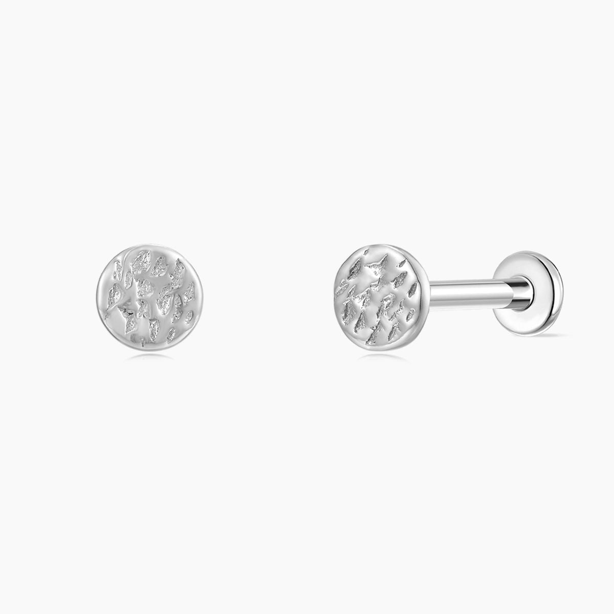 14K Solid White Gold Hammered Minimal Textured Disc Stud & Titanium Post