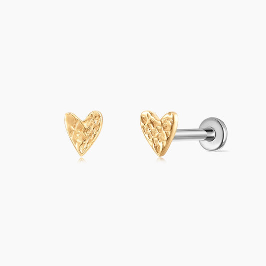 14K Solid Yellow Gold Hammered Minimalist Textured Heart Stud & Titanium Post