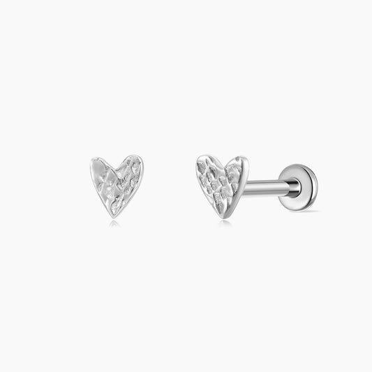 14K Solid White Gold Hammered Minimalist Textured Heart Stud & Titanium Post