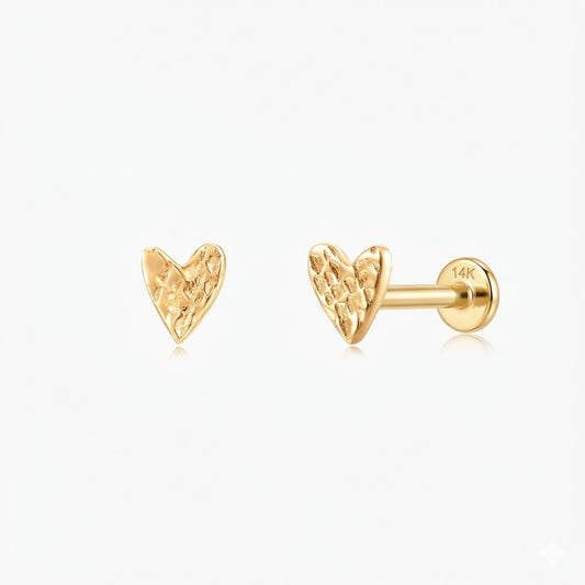 14K Solid Yellow Gold Hammered Minimalist Textured Heart Stud & Solid Gold Post