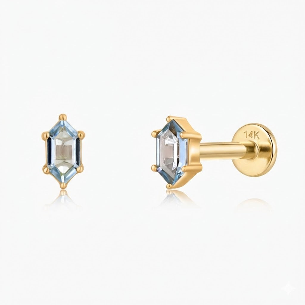14K Solid Yellow Gold Hexagon Blue Topaz Stud & Solid Gold Post