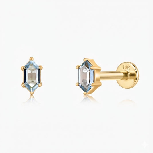 14K Solid Yellow Gold Hexagon Blue Topaz Stud & Solid Gold Post