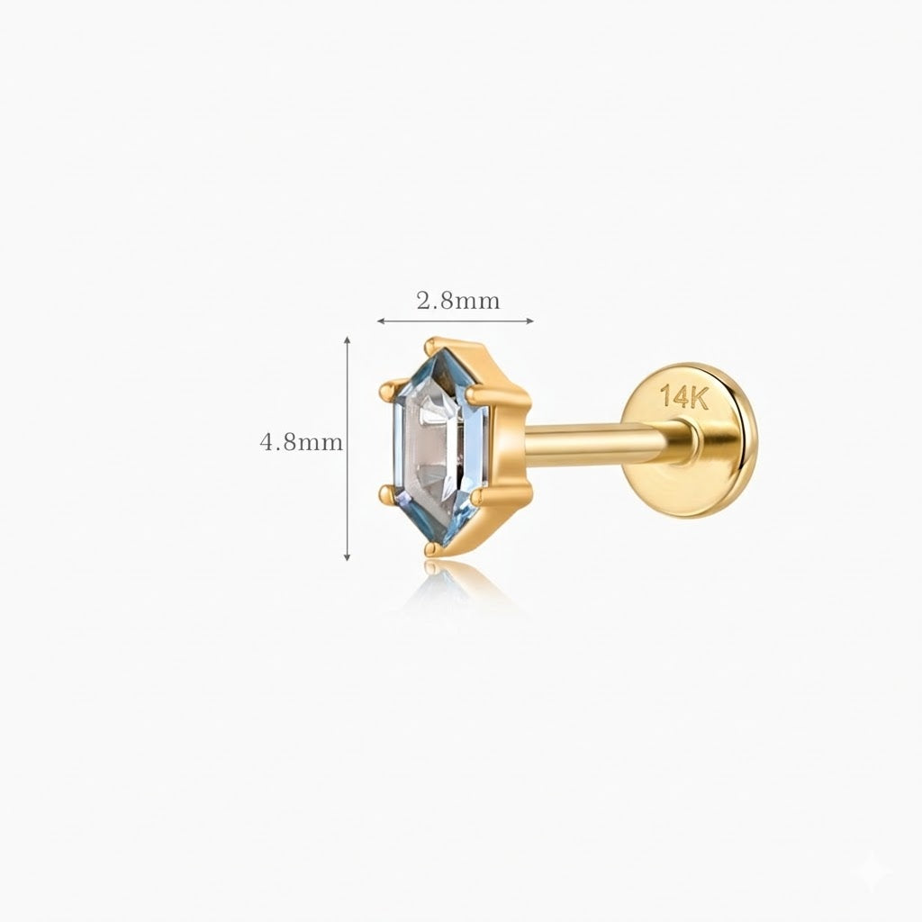 14K Solid Yellow Gold Hexagon Blue Topaz Stud & Solid Gold Post