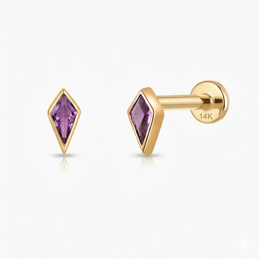14K Solid Yellow Gold Kite-Cut Amethyst Flat Back Stud & Solid Gold Post