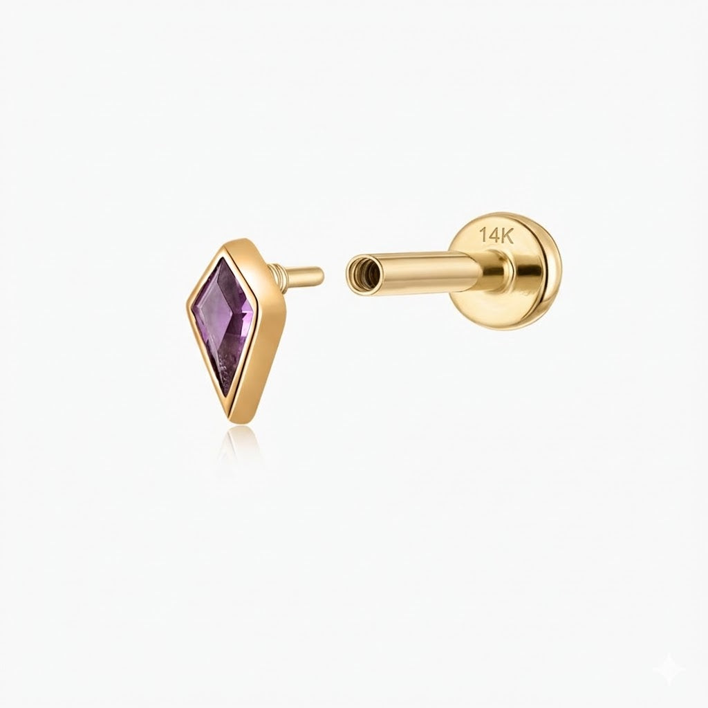 14K Solid Yellow Gold Kite-Cut Amethyst Flat Back Stud & Solid Gold Post