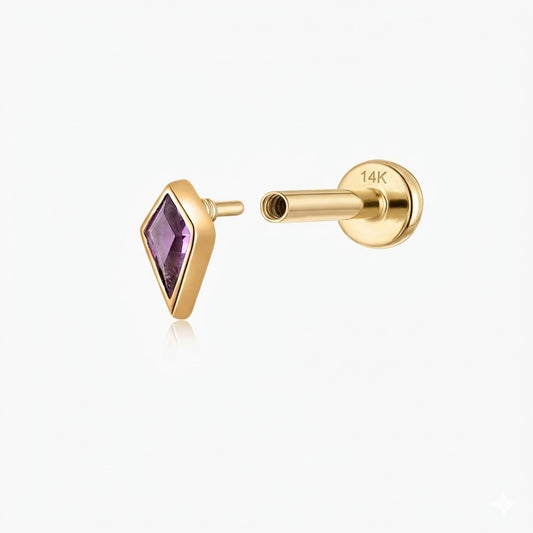 14K Solid Yellow Gold Kite-Cut Amethyst Flat Back Stud & Solid Gold Post