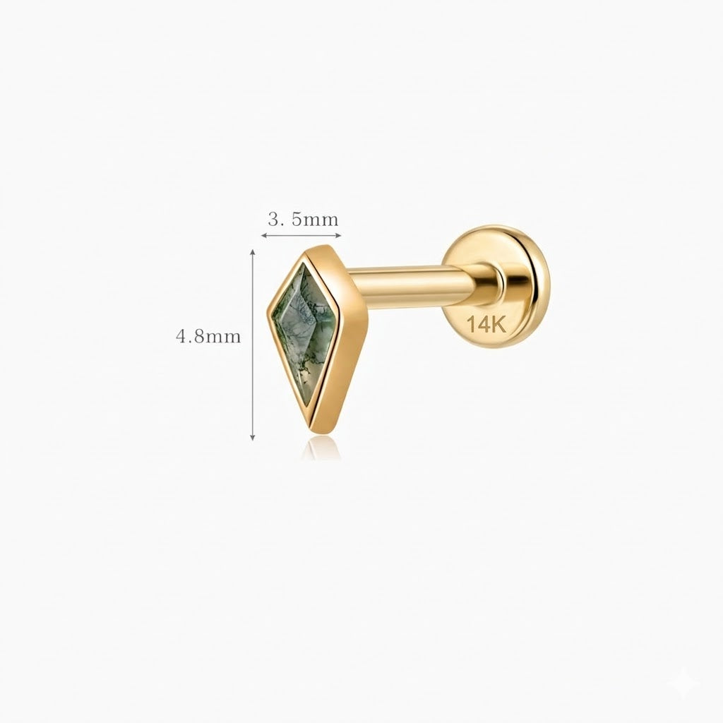 14-karätiger massiver Gelbgold-Ohrstecker mit flacher Rückseite aus geschliffenem Moosachat und massivem Goldstift