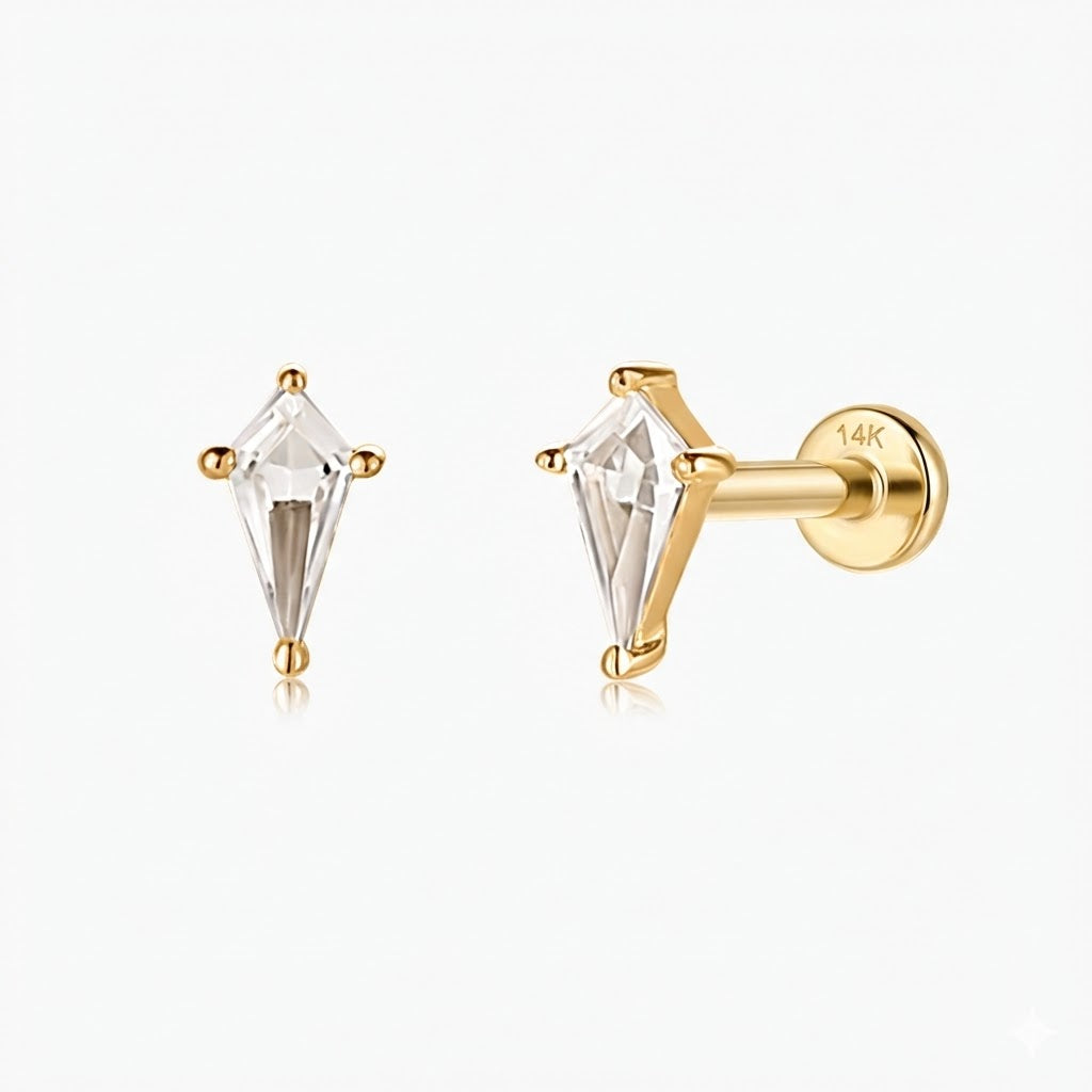 14K Solid Yellow Gold Kite White Topaz Flat Back Stud & Solid Gold Post