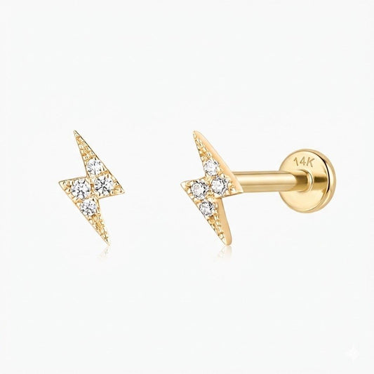 14K Solid Yellow Gold Lightning Bolt Flat Back Stud & Solid Gold Post