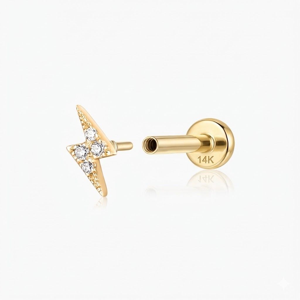 14K Solid Yellow Gold Lightning Bolt Flat Back Stud & Solid Gold Post